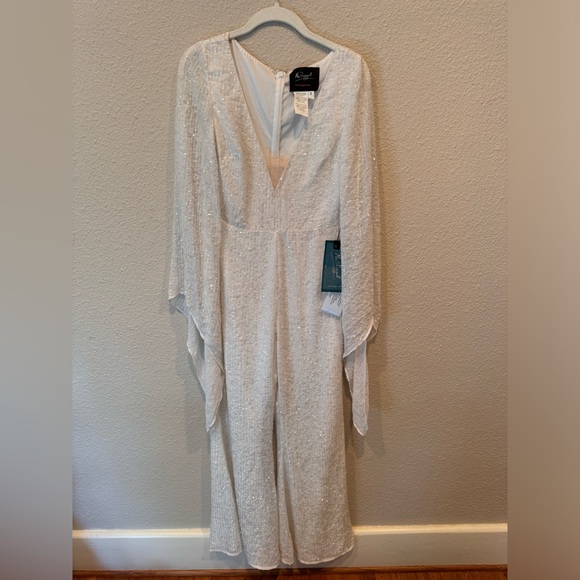 NWT $498 Mac Duggal Long Sleeve Sequin Chiffon Jumpsuit white bridal‎ beaded - Picture 4 of 8